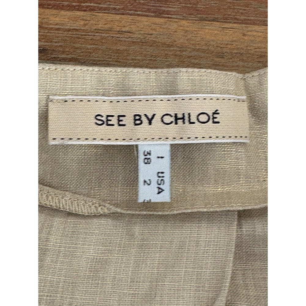 SEE BY CHLOE Linen Skirt SIZE 2 /36 Beige With Gold Thread Sparkle Pleated Mini - Picture 2 of 16